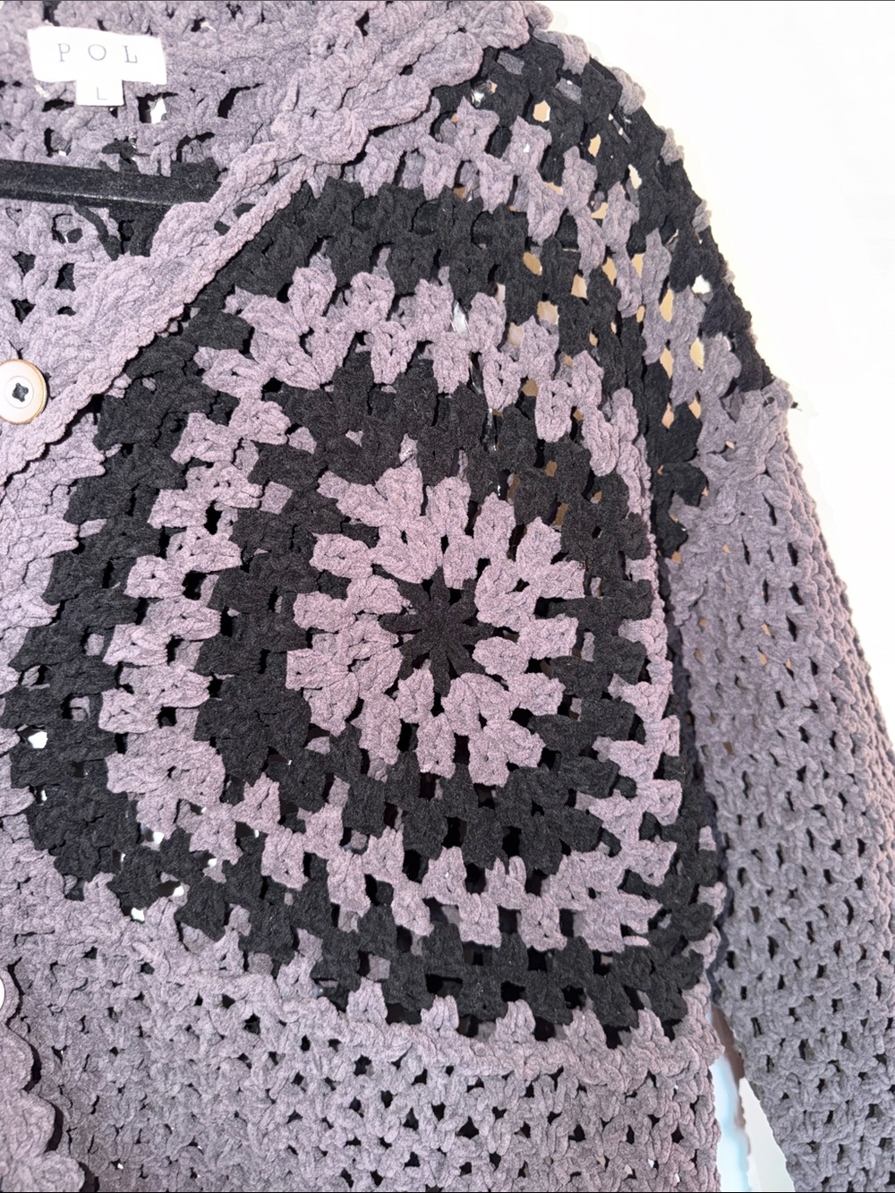 POL Charcoal Crochet Button‑Front Cardigan Sweater Knit Squares Size L - Picture 7 of 13